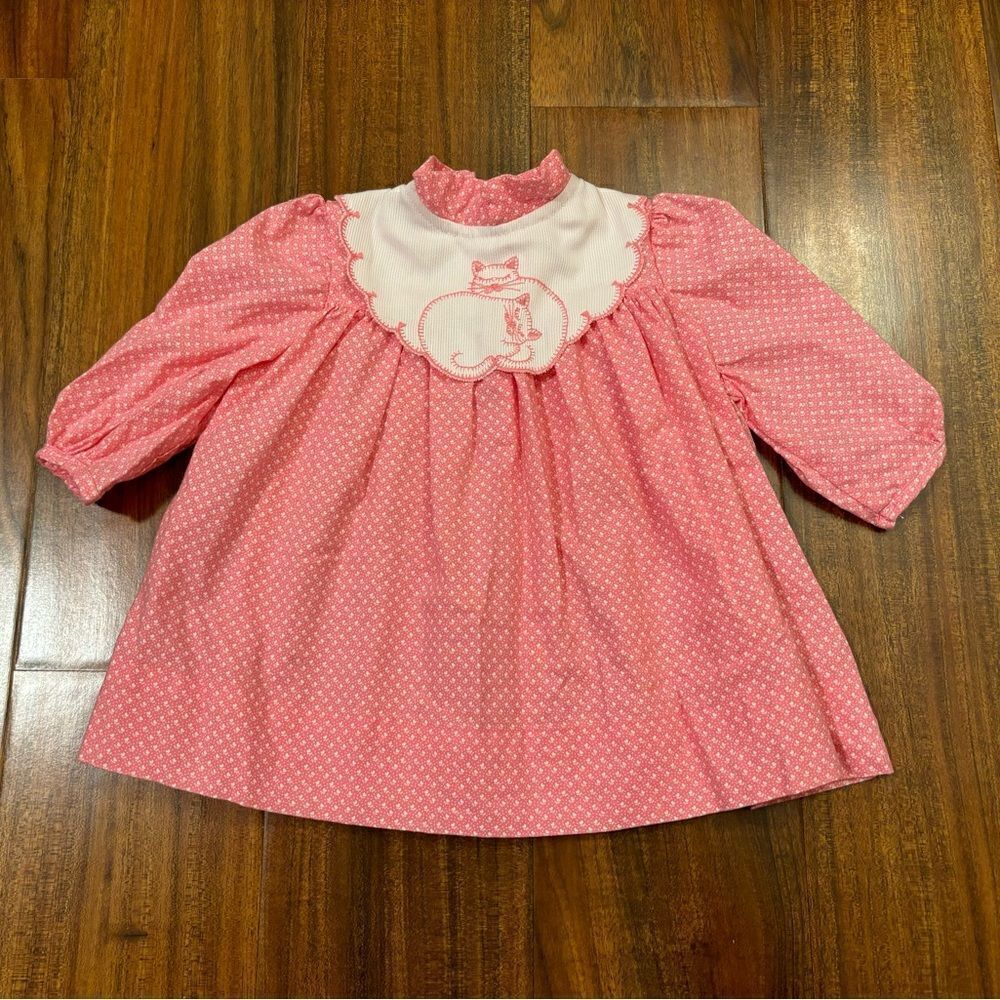 Polly Flinders vintage pink floral embroidered cat long sleeve dress